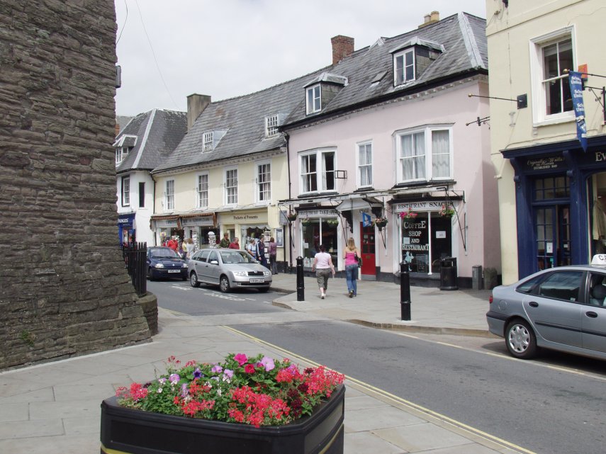 The lower end of High Street Inferior from the Bulwark, Brecon, Brecknockshire, Wales, Great Britain.