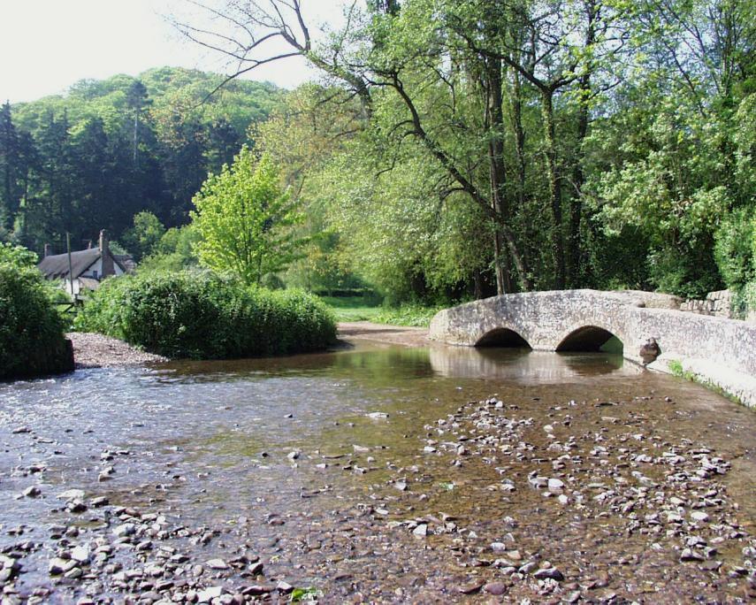 View of Gallox Medieval Packhorse Bridge over the River Avill, Dunster, Somerset