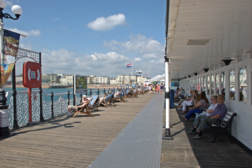 Looking from Palace Pier towards the shore, Brighton, Sussex, England