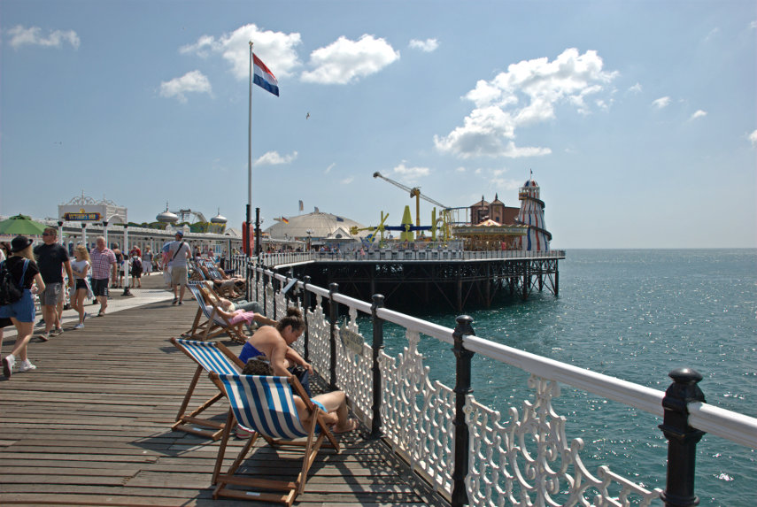 Looking towards the end of Palace Pier, Brighton, Sussex, England