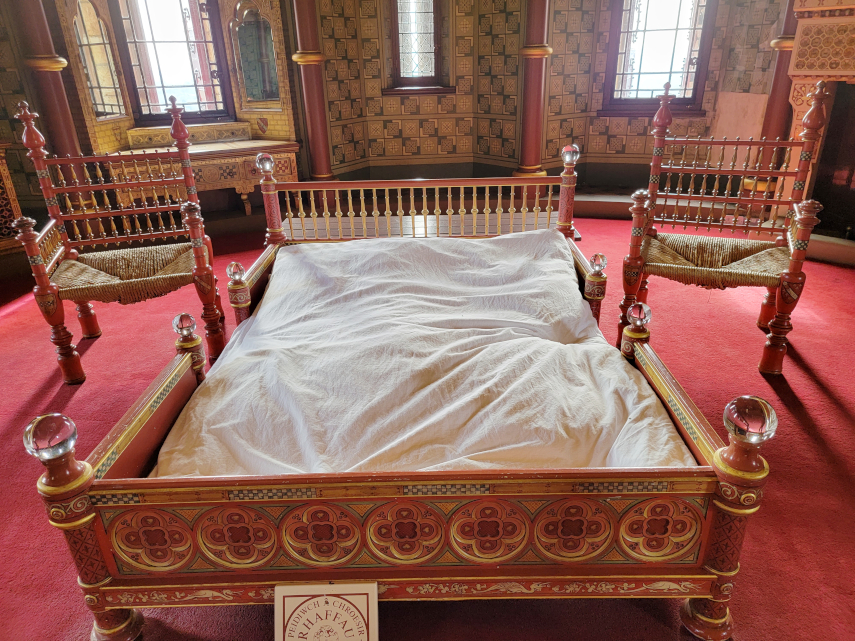 The Bed, Lady Bute's Bedroom, Castell Coch, Cardiff, Glamorgan, Wales, Great Britain.