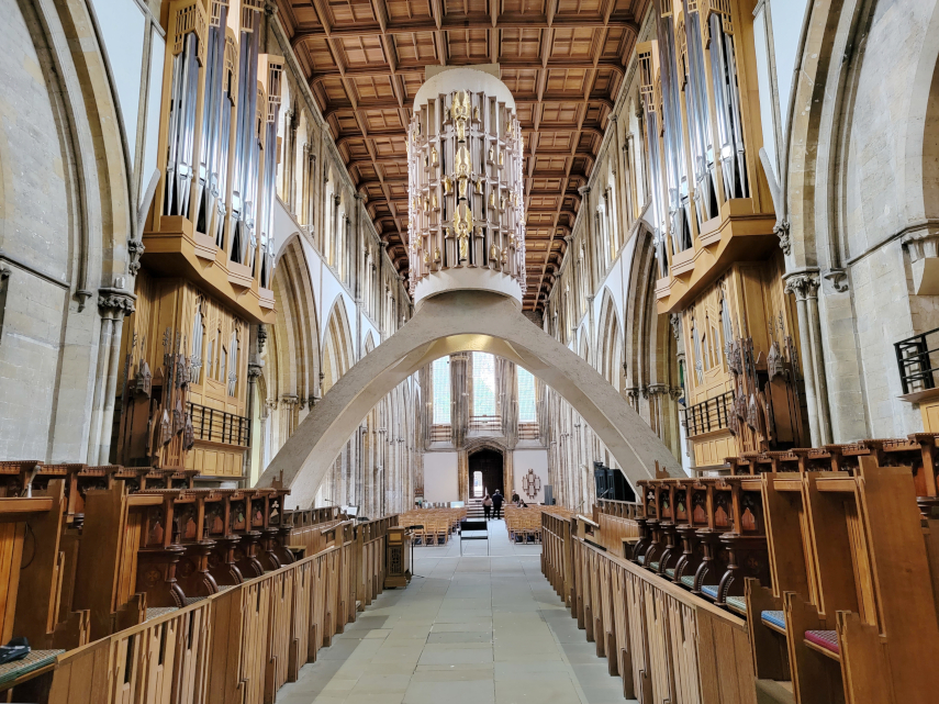 The Quire, Organ and Epstein's Christ in Majesty, Llandaff Cathedral, Llandaff, Cardiff, Glamorgan, Wales, Great Britain.