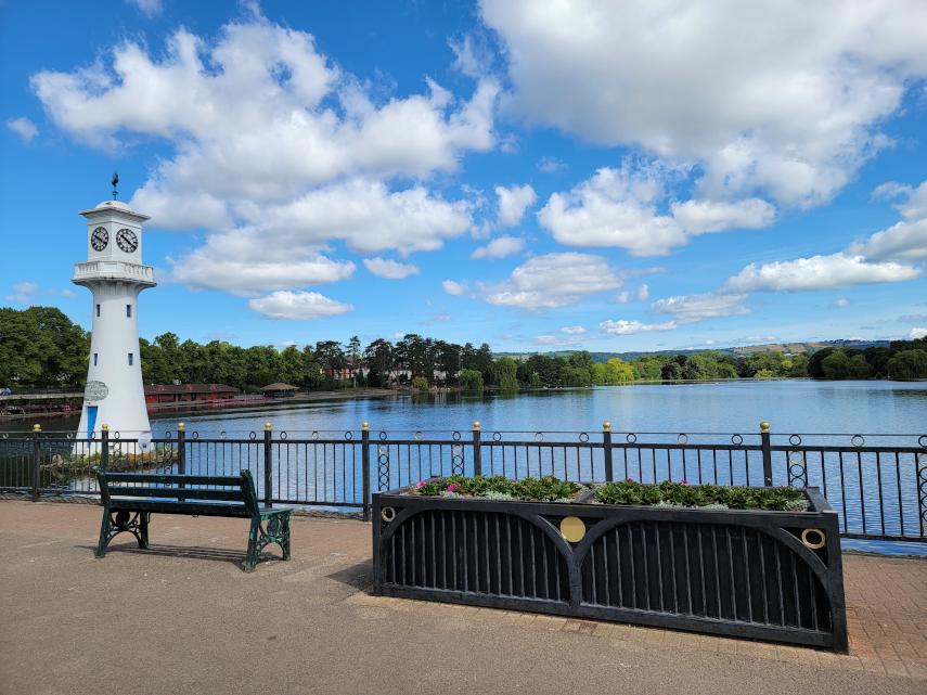 The Lake and Clock Tower (Scott Memorial), Roath Park, Cardiff, Glamorgan, Wales, Great Britain.