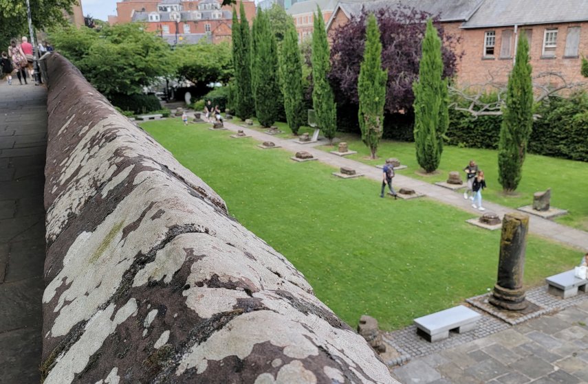 View of the Roman Gardens from the city wall, Chester, Cheshire, Great Britain