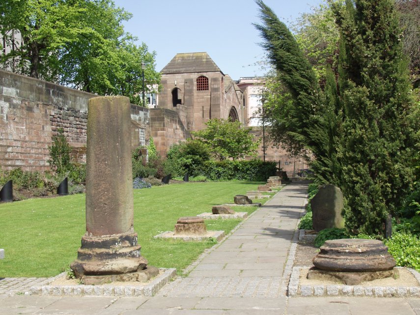 View of some Roman column bases in the Roman Gardens, Chester, Cheshire, Great Britain