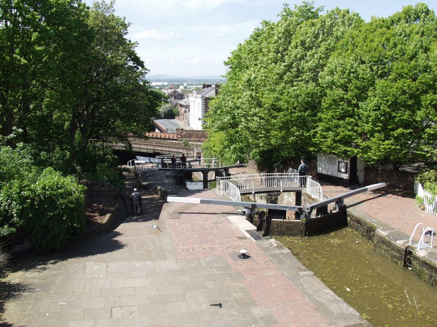 View of a series of locks on the Shropshire Union Canal, Chester, Cheshire, Great Britain