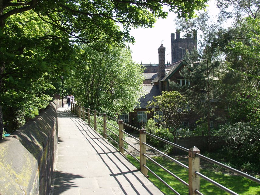 View of the Wall Walk near the cathedral, Chester, Cheshire, Great Britain