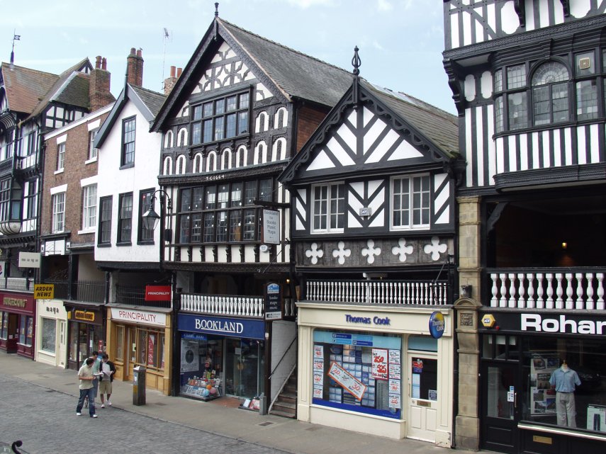 View of the Bookland building (1664) building Bridge Street, Chester, Cheshire, England.