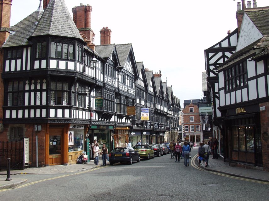 View of the timber-framed buildings in St. Werburgh Street, Chester, Cheshire, England.