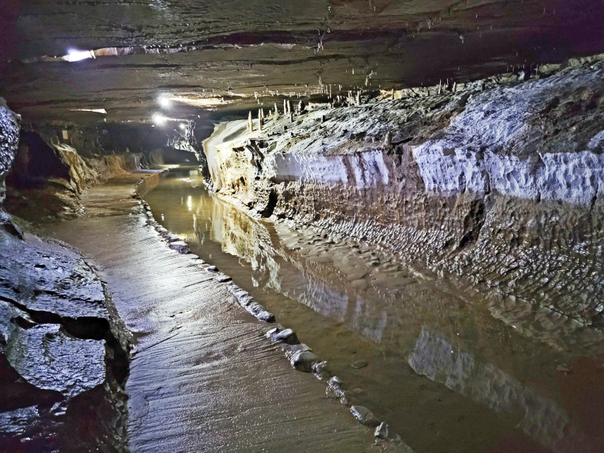 The 'canal like' main stream passage, Ingleborough Cave, Clapham, Yorkshire, England, Great Britain