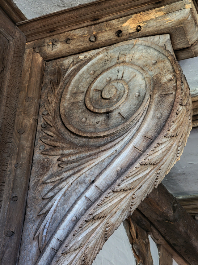 Carving in the bedroom, Little Moreton Hall, Congleton, Cheshire, Great Britain