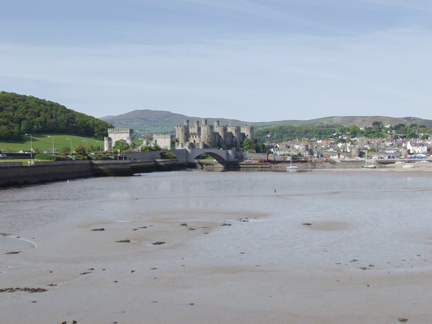 Conwy Castle and the town seen from across the river, Conwy, Caernarfonshire, Wales, Great Britain
