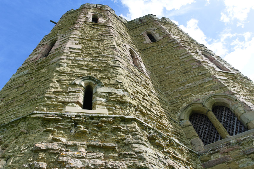 View of the South Tower from the bottom of the moat, Stokesay Castle, Craven Arms, Shropshire, Great Britain