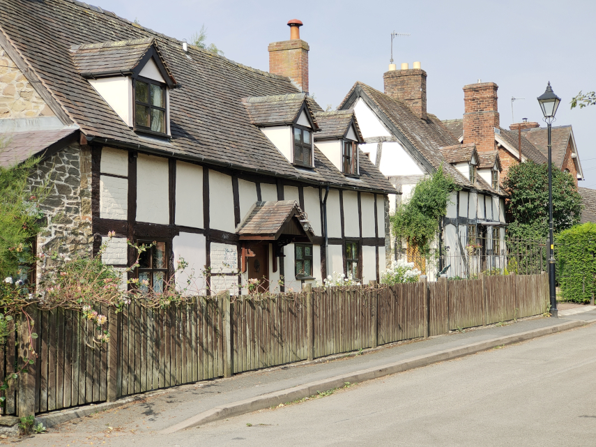 View of timber-framed cottages, Craven Arms, Shropshire, Great Britain