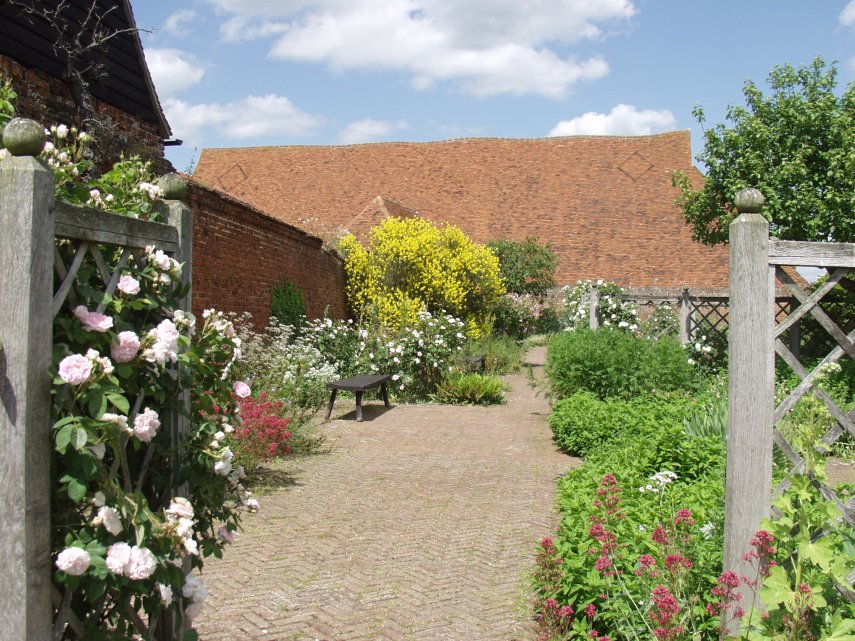Looking towards the Nosegay Garden, Cressing Temple Barns, Braintree, Essex, England, Great Britain