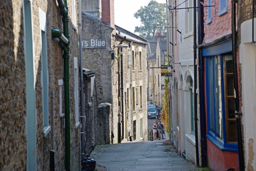 Looking along Paul Street into Palmer Street, Frome, Somerset, England, Great Britain