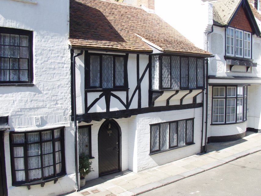 An Ancient House with jettied window, High Street, Hastings, Sussex, England, Great Britain