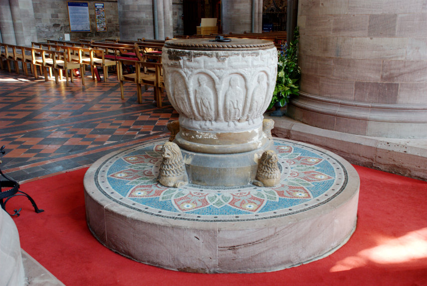 The Norman Font, Hereford Cathedral, Hereford, Herefordshire, England, Great Britain