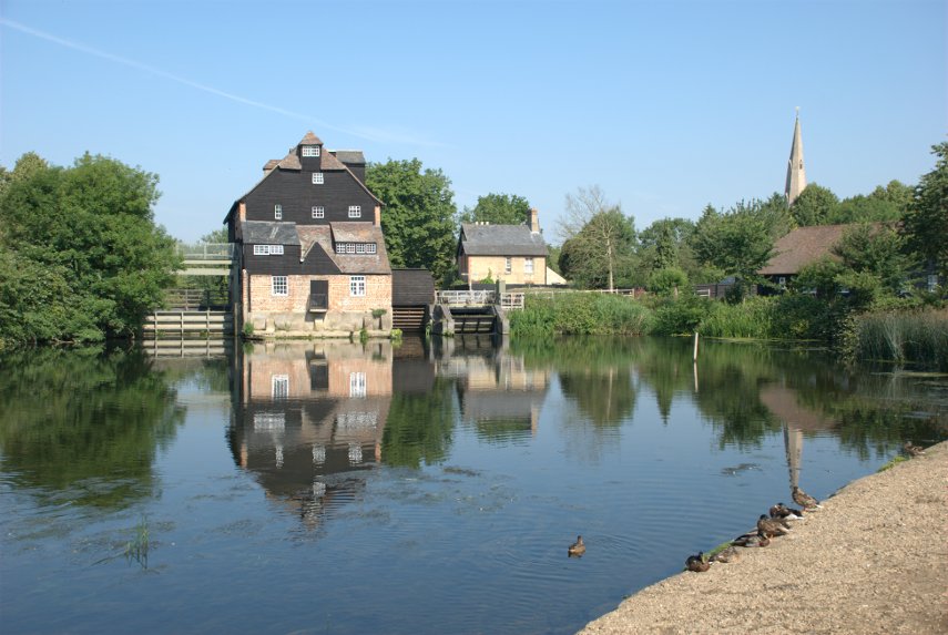 Houghton Mill and the Church Spire, Houghton, Huntingdonshire, England, Great Britain