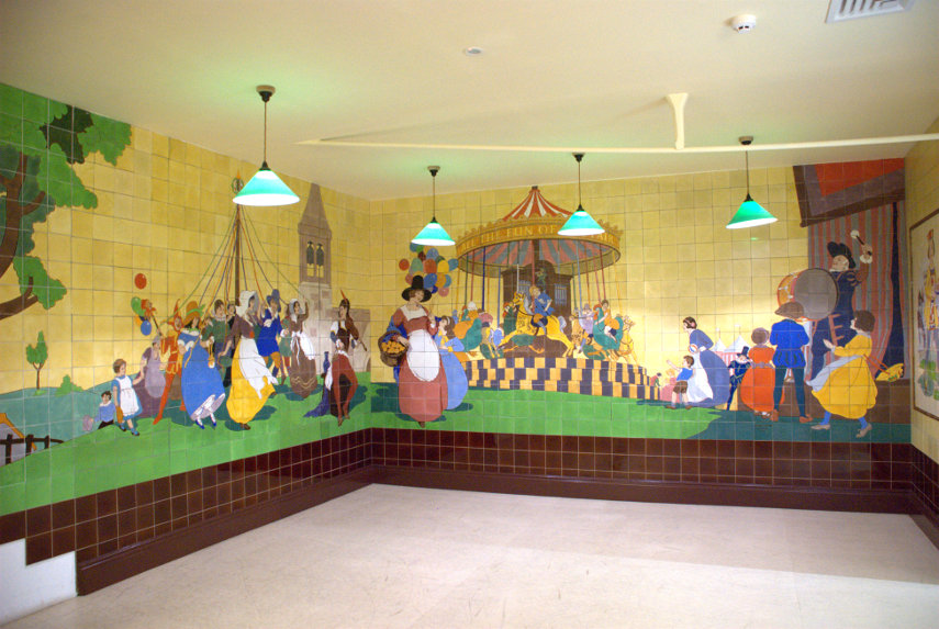 Wall display of tiles, Jackfield Tile Museum, Ironbridge, Shropshire, England