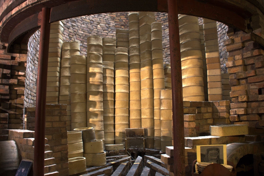 Saggars stacked in a Kiln, Coalport China Museum, Ironbridge, Shropshire, England, Great Britain