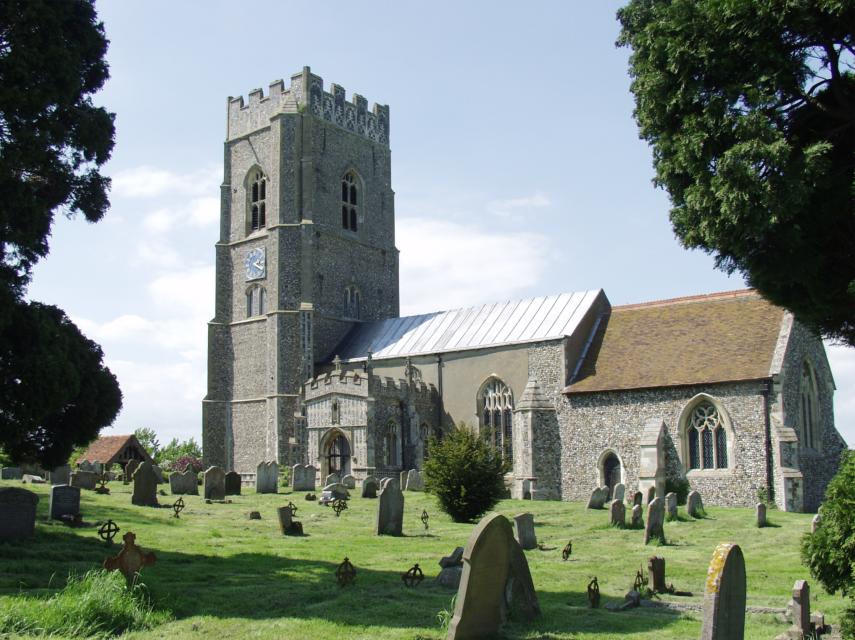 Scene showing St Mary's Church, Kersey, Suffolk, England