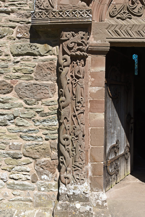 A double column on the South Door, Kilpeck Church, Herefordshire, England, Great Britain