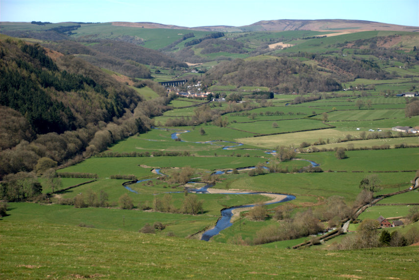 Knucklas and the River Teme from Panpunton Hill, Knighton, Radnorshire, Great Britain