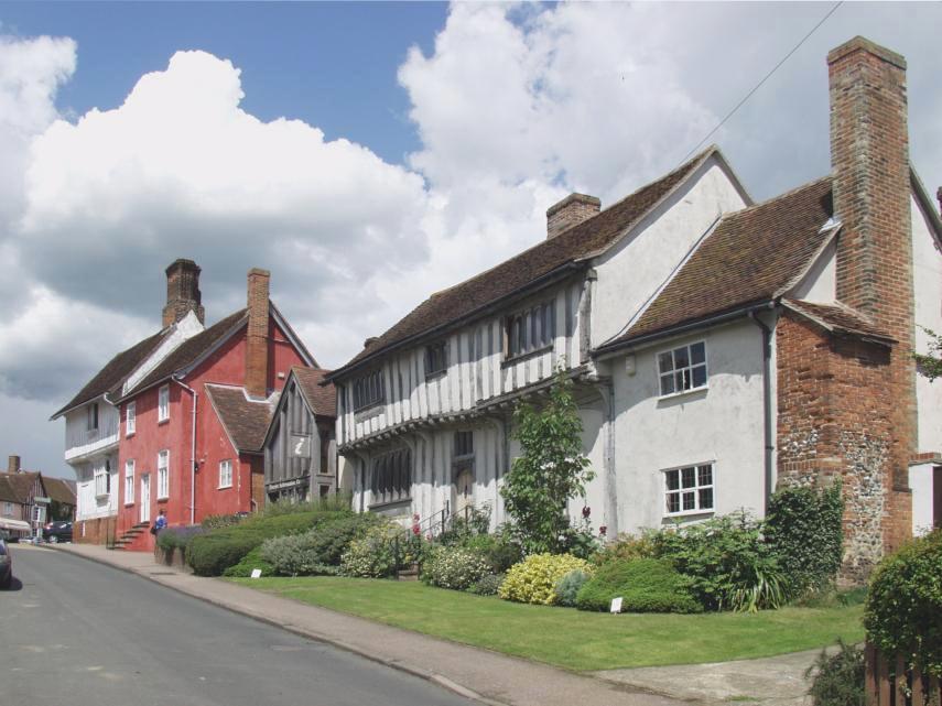 Scene showing medieval houses, Lavenham, Suffolk, England