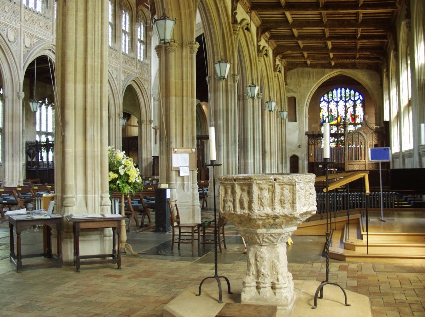 The Font and South Aisle, Church of St. Peter & St. Paul, Lavenham, Suffolk, England, Great Britain