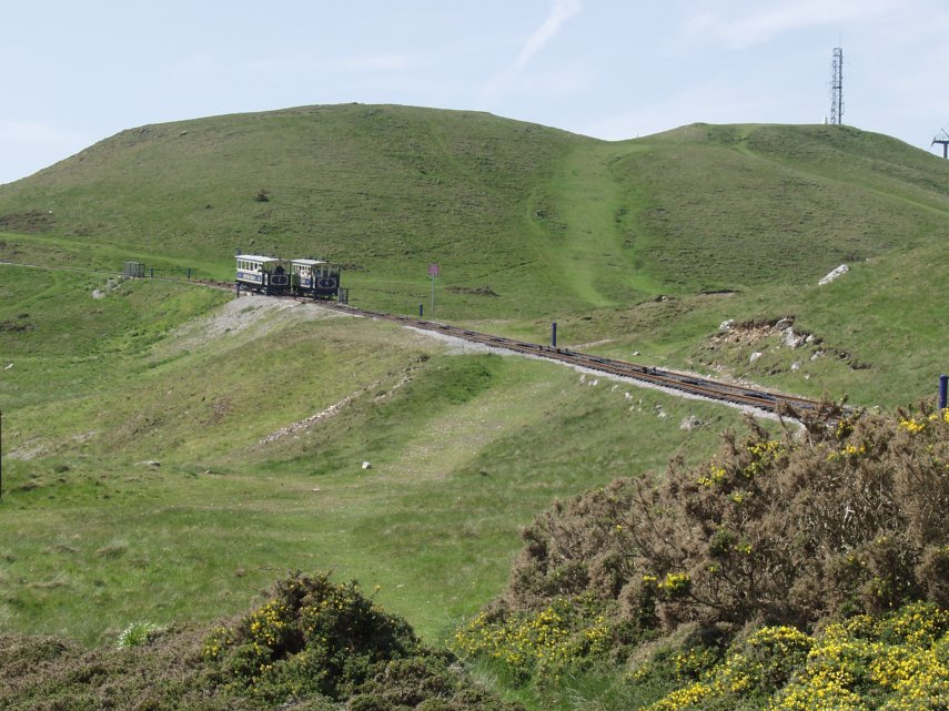 Trams passing, Great Orme, Llandudno, Caernarfonshire, Wales, Great Britain
