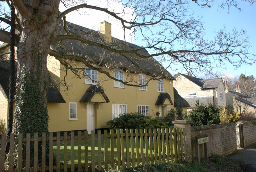 Thatched Semi-detached cottages, Lode, Cambridgeshire, England, Great Britain