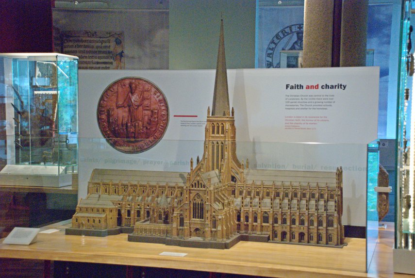 A model of St. Pauls Cathedral before the Great Fire of London, Museum of London, Barbican, London, England, Great Britain
