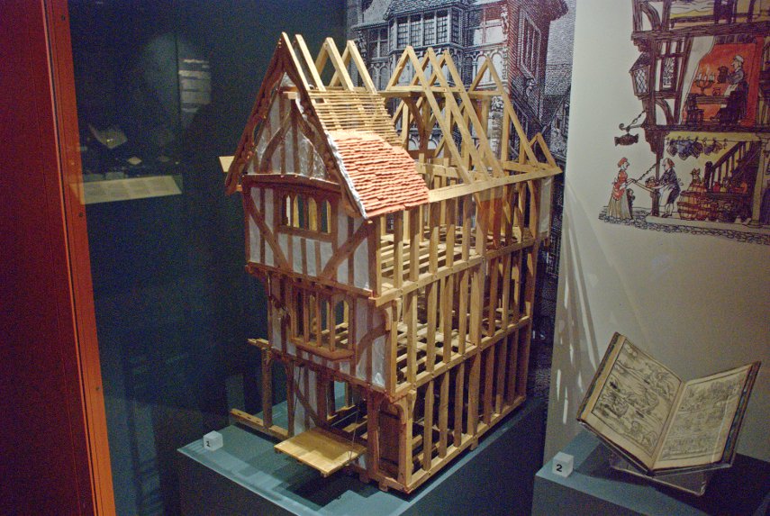 A model of a typical timber-framed building, Museum of London, Barbican, London, England, Great Britain