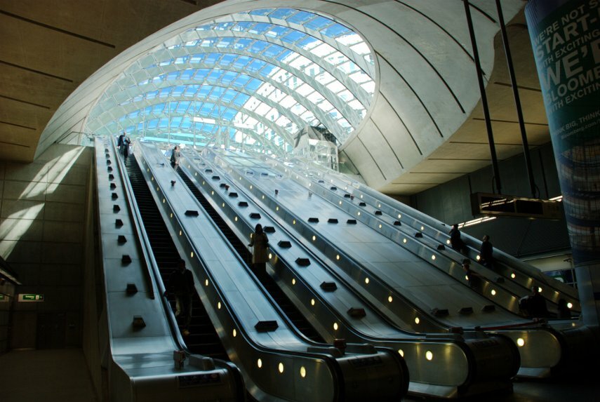 Escalators, Canary Wharf Station, Docklands, London, England, Great Britain