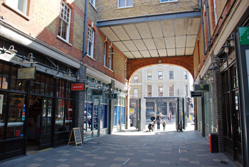 Inside looking out, Spitalfields Market, London, England, Great Britain