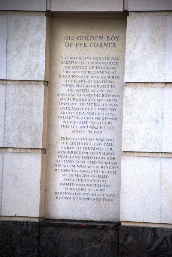 The Golden Boy inscription, Giltspur Street, London, England, Great Britain