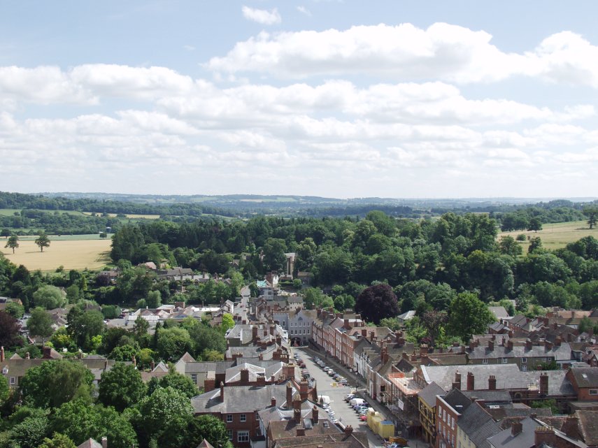 View from the Tower down to Broad Street, St. Laurence Church, Ludlow, Shropshire, England, Great Britain