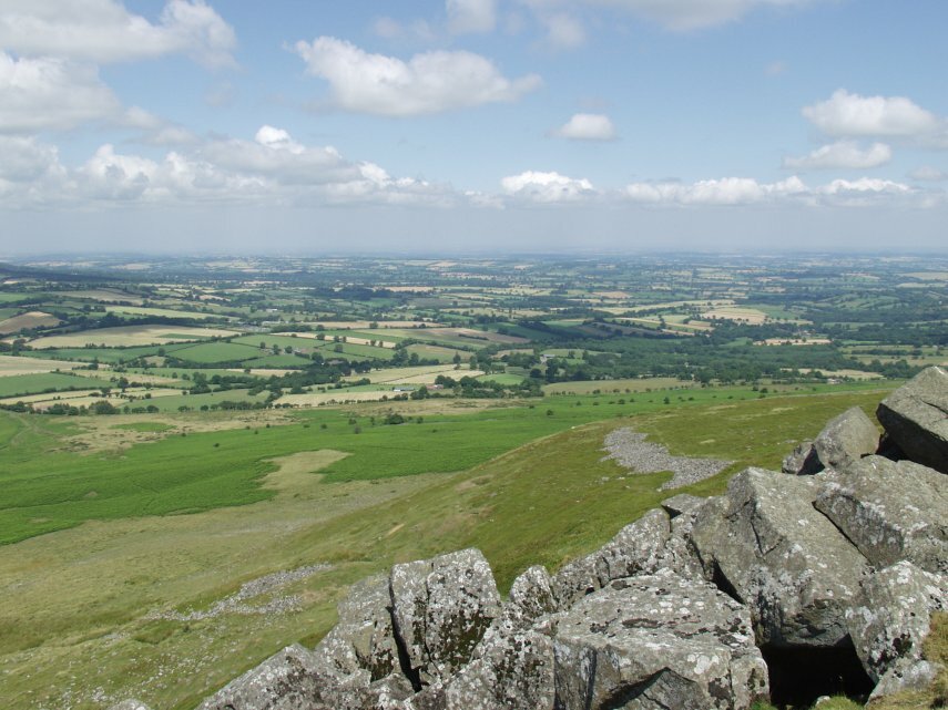 Scene, looking east, from the top of Titterstone Clee Hill, Ludlow, Shropshire, England