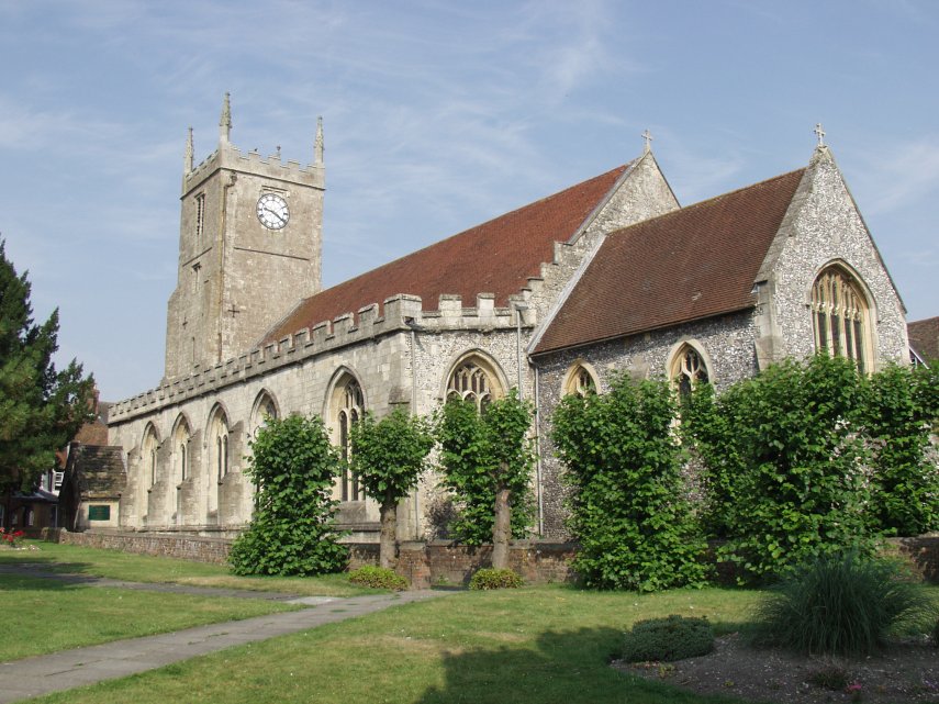 Scene showing St Mary's Church, Marlborough, Wiltshire, England