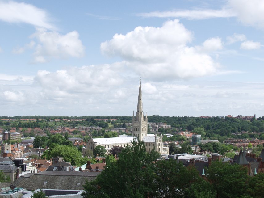 Norwich Cathedral from Norwich Castle Battlements, Norwich, Norfolk, England, Great Britain