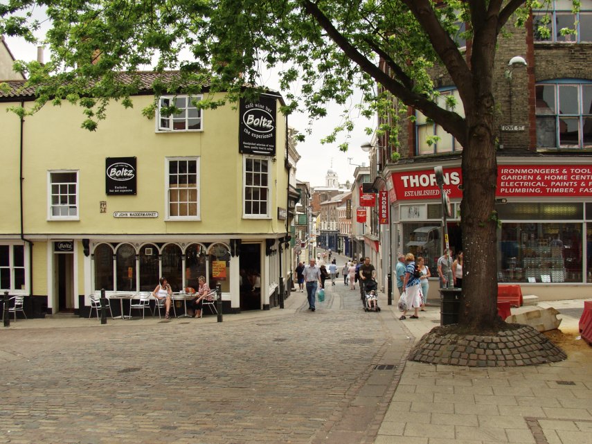The junction of Pottergate and St. John Maddermarket, Norwich, Norfolk, England, Great Britain