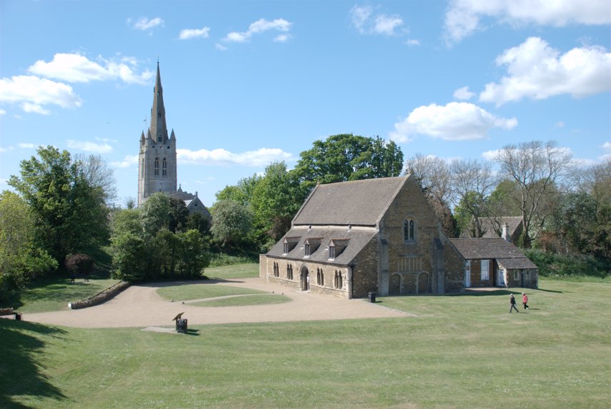 View of the Church and Castle from the outer ramparts, Oakham, Rutland.