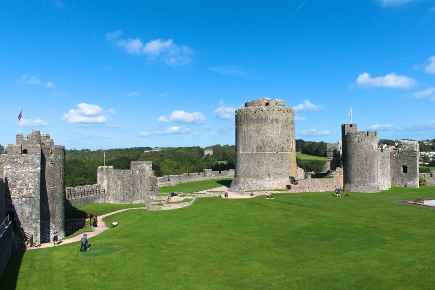 The Keep with towers either side, Pembroke Castle, Pembroke, Pembrokeshire, Wales