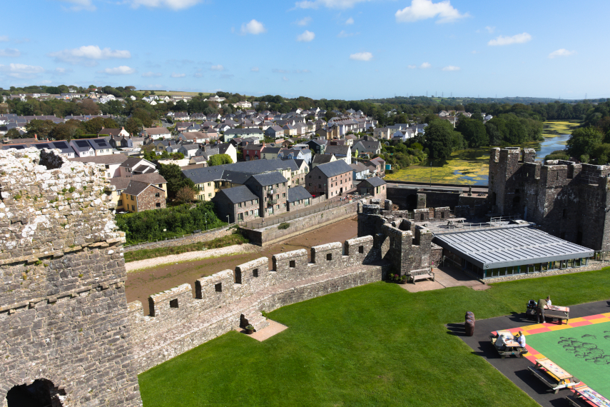 A corner of the Great Map with the roof of the Cafeteria beyond, Pembroke Castle, Pembroke, Pembrokeshire, Wales
