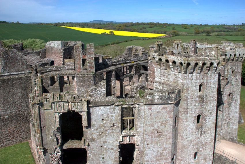 View over the Gatehouse, Raglan Castle, Monmouthshire, Wales, Great Britain