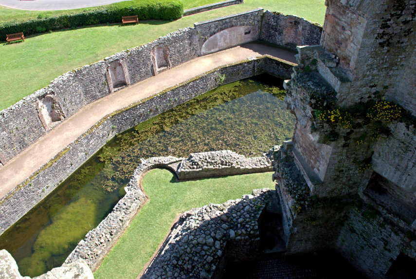 View of the moat from the top of the Keep, Raglan Castle, Monmouthshire, Wales, Great Britain