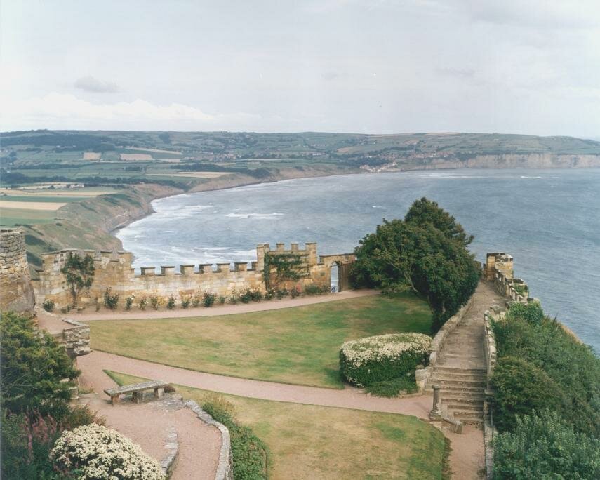 Robin Hoods Bay from the grounds of the Raven Hall Hotel at Ravenscar, North Yorkshire, England