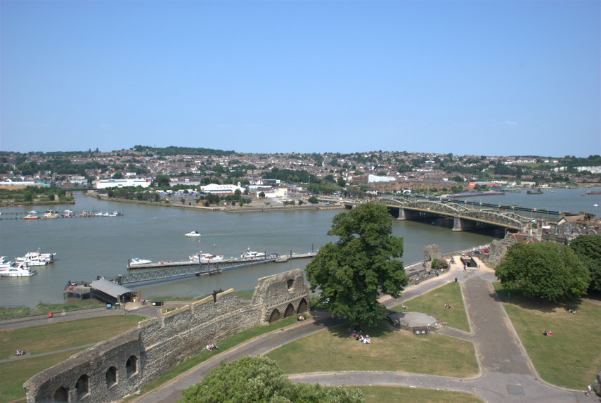 The River Medway from the top of the Keep, Rochester Castle, Rochester, Kent, England, Great Britain