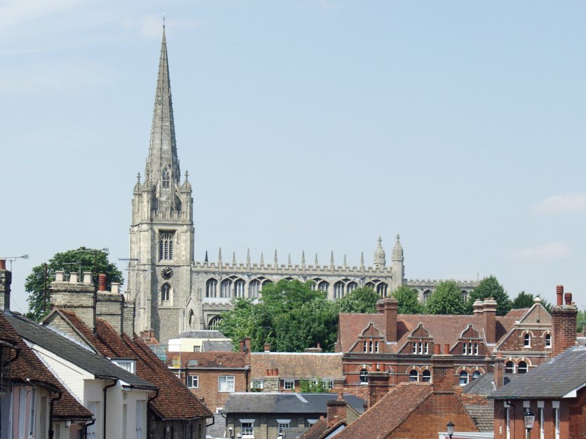 St. Mary's Church from Gold Street, Saffron Walden, Essex, England, Great Britain